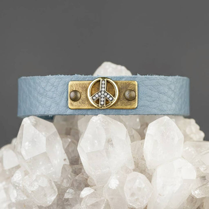 Leather Stacker Cuff with Turquoise Pavé Peace Charm boho coastal bracelet