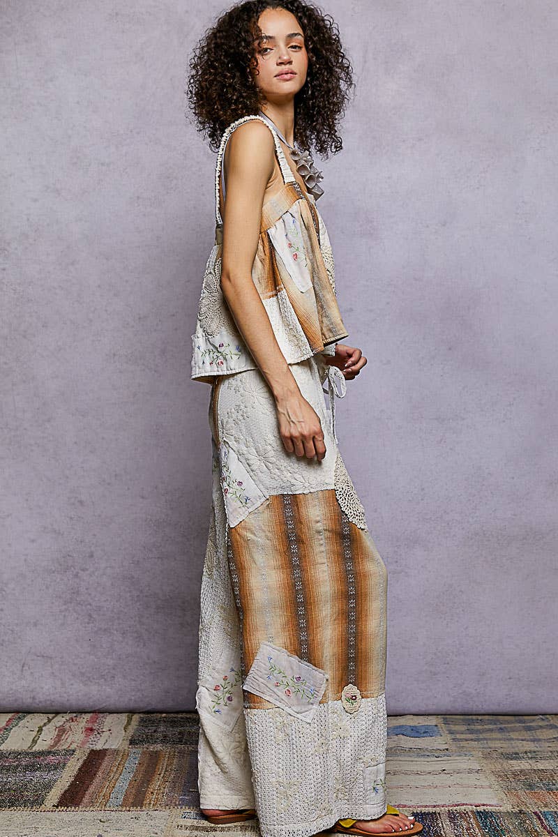 Lace Patch Detail Woven Pants with relaxed coastal boho fit and artisan lace accents