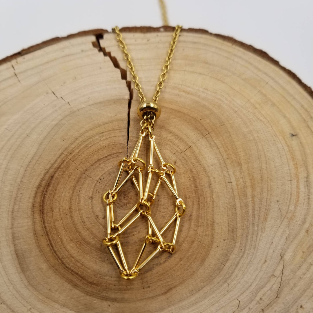 Gold Interchangeable Macramé Cage Necklace with mystery reiki-infused crystal, artisan coastal jewelry