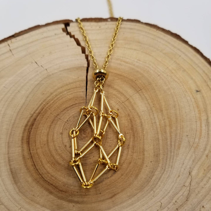Gold Interchangeable Macramé Cage Necklace with mystery reiki-infused crystal, artisan coastal jewelry