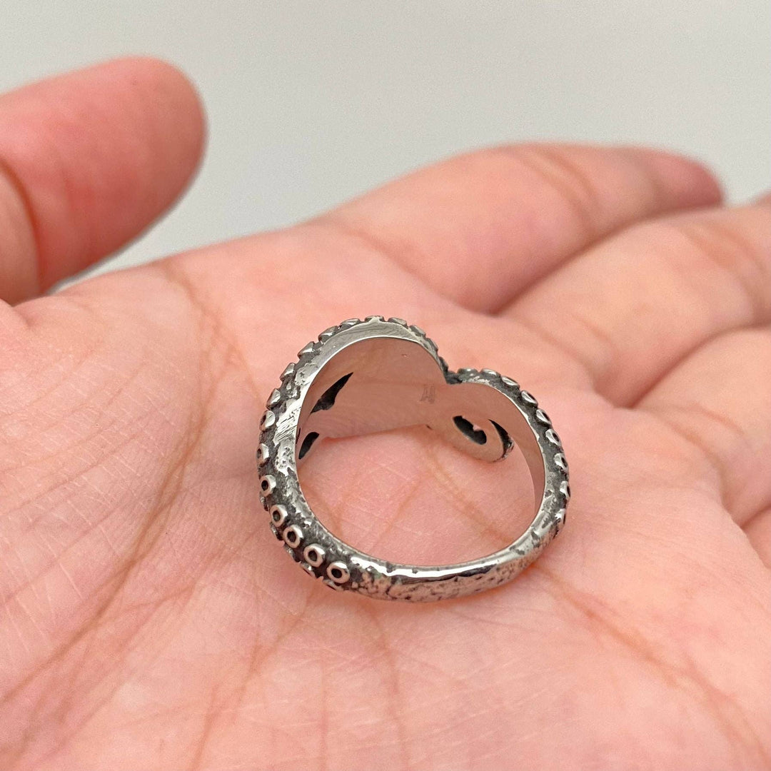 Blue gemstone octopus tentacle stainless steel ring with coastal boho charm