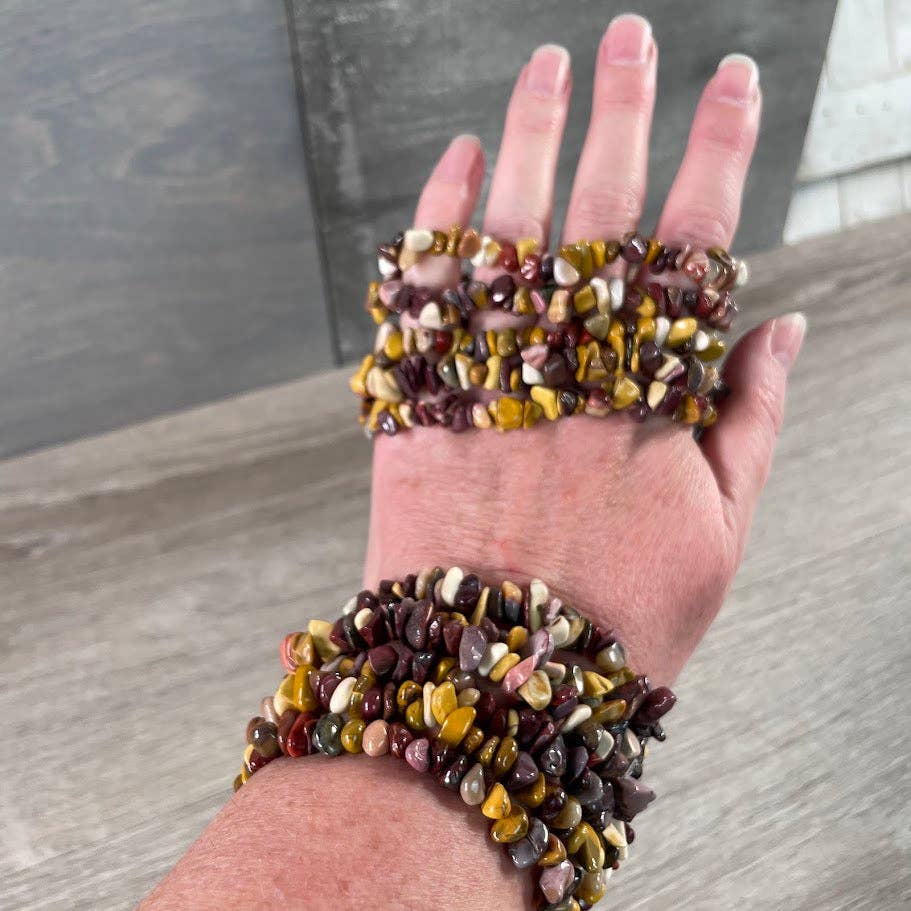 Healing Crystal Chip Bracelets with amethyst and rose quartz for coastal boho style