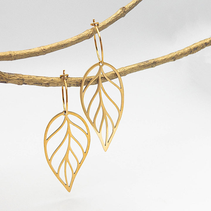 Gold Leaf Drop Earrings with hoop design featuring warm PVD gold plating