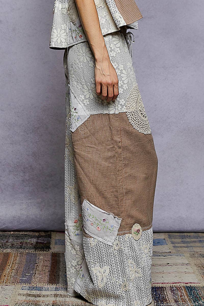 Lace Patch Detail Woven Pants with relaxed coastal boho style and artisan charm