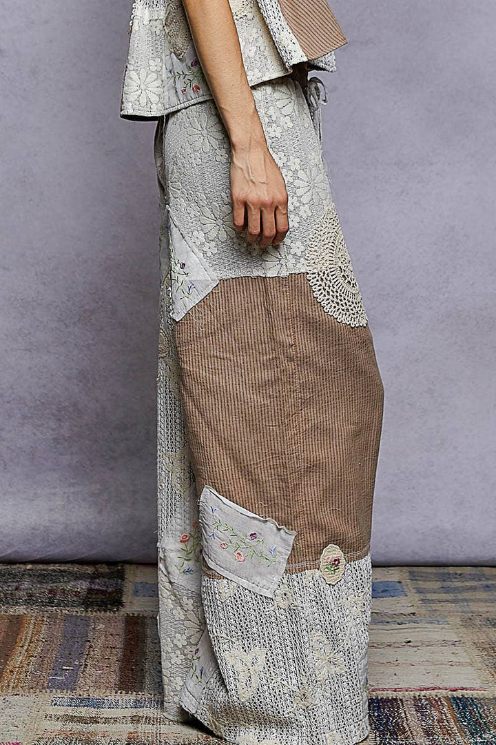 Lace Patch Detail Woven Pants with relaxed coastal boho style and artisan charm