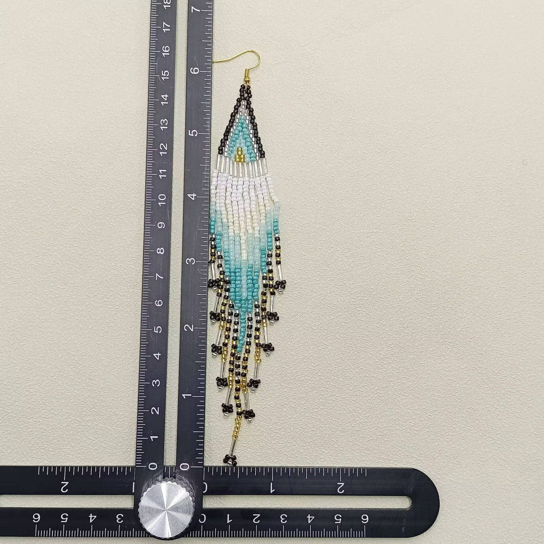 Bohemian Long Seed Bead Fringe Earrings in glass and gold tone coastal style