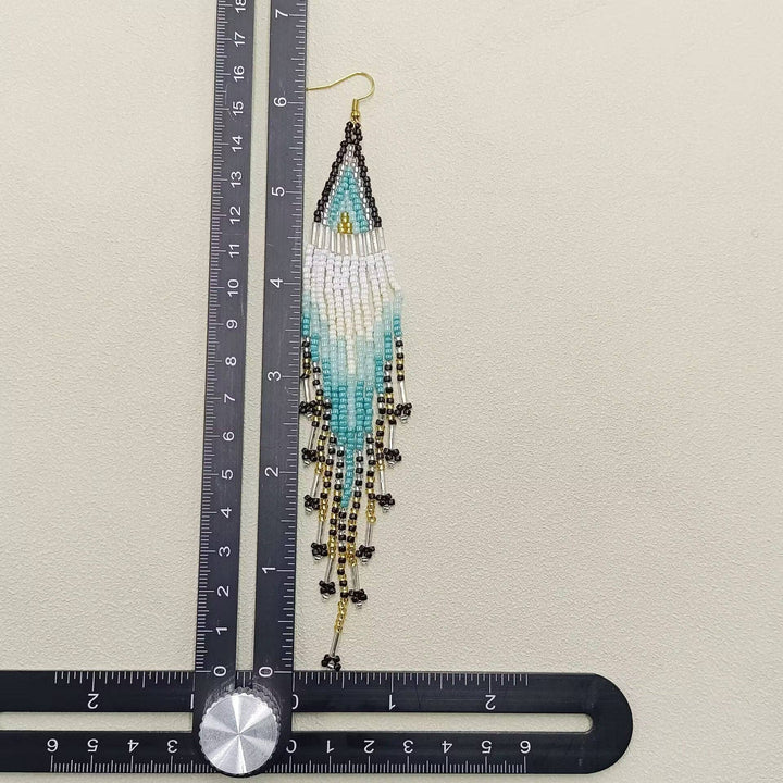 Bohemian Long Seed Bead Fringe Earrings in glass and gold tone coastal style