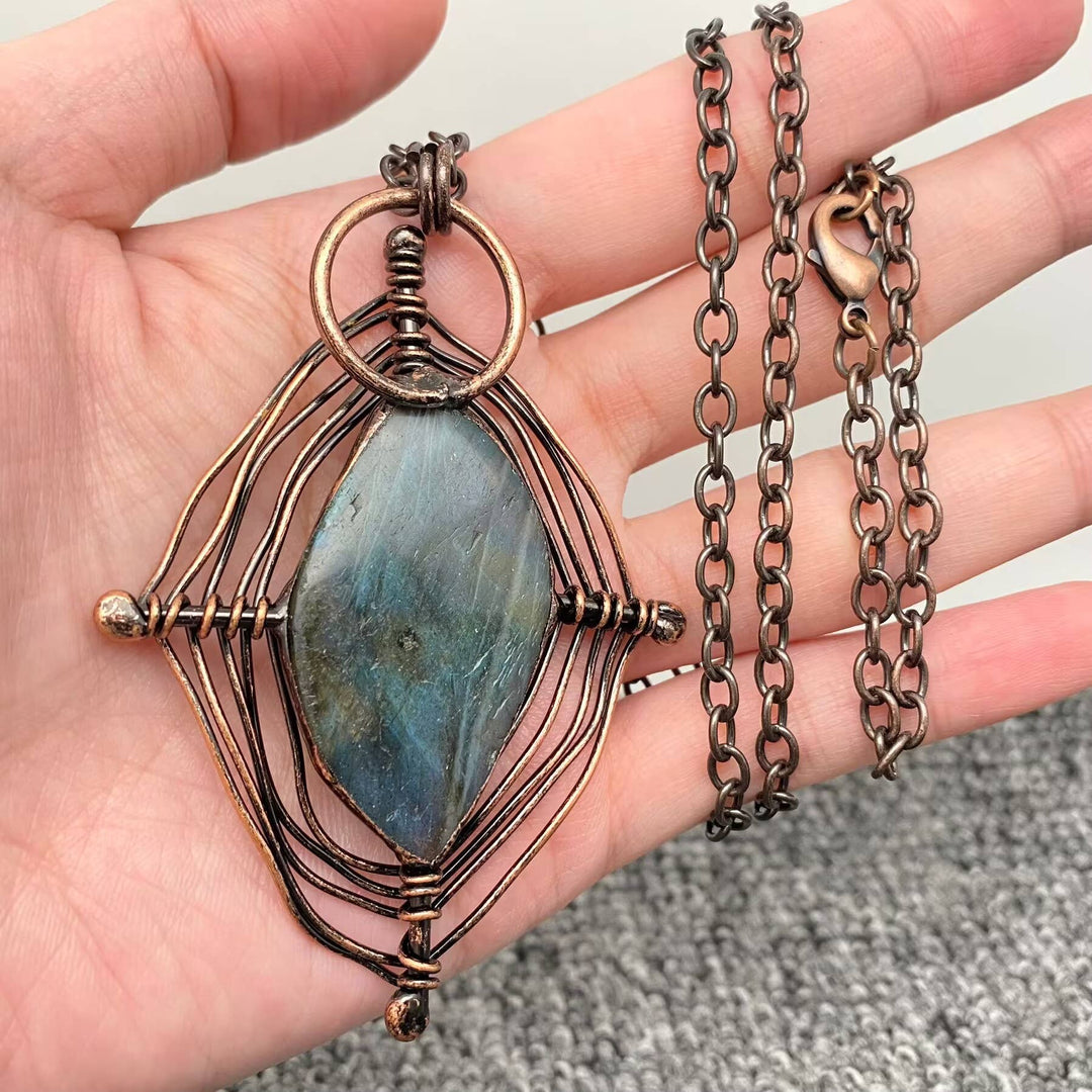 Vintage Labradorite Spider Web Design Charm Necklace