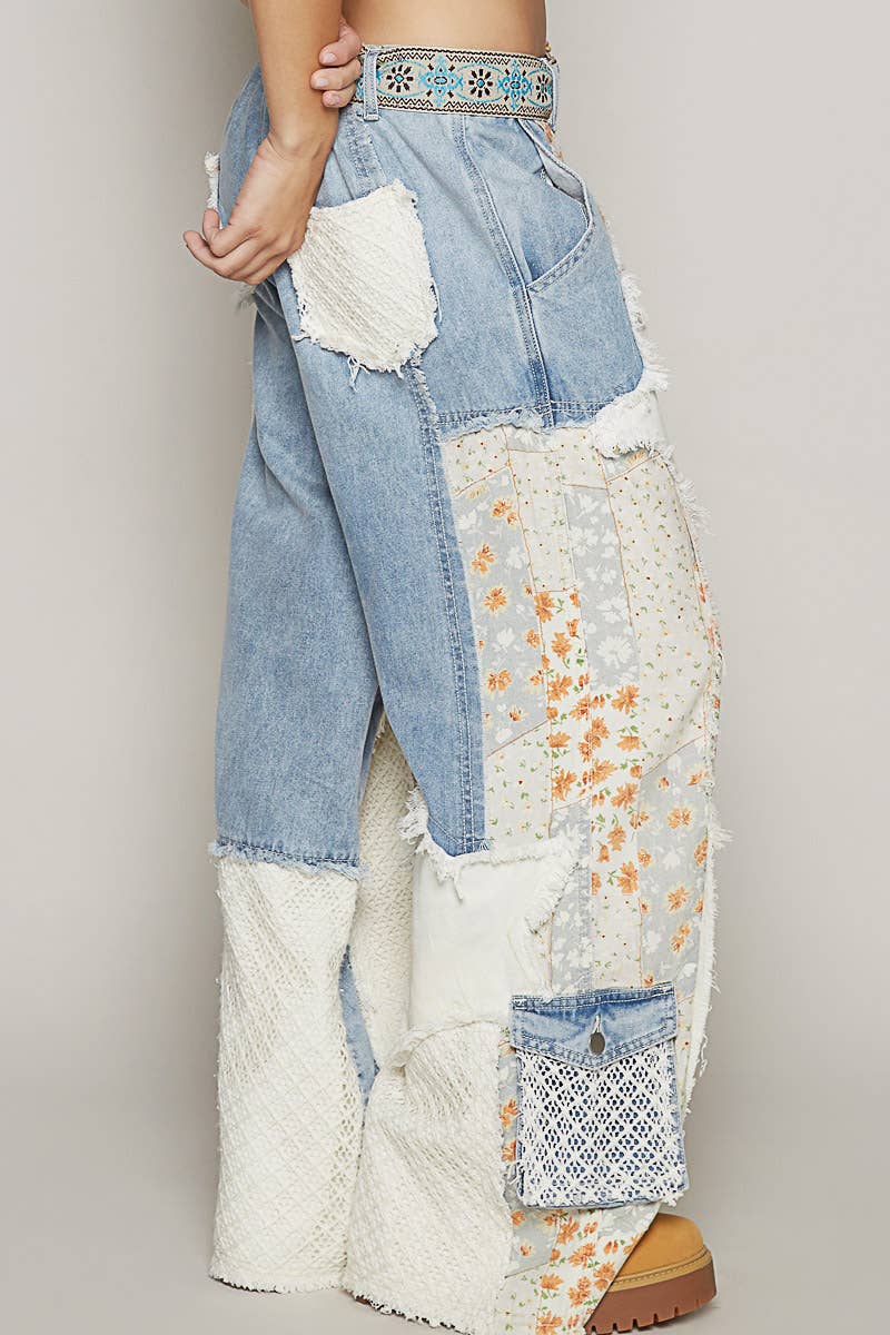 Printed Patchwork Detail Woven Denim Twill Pants