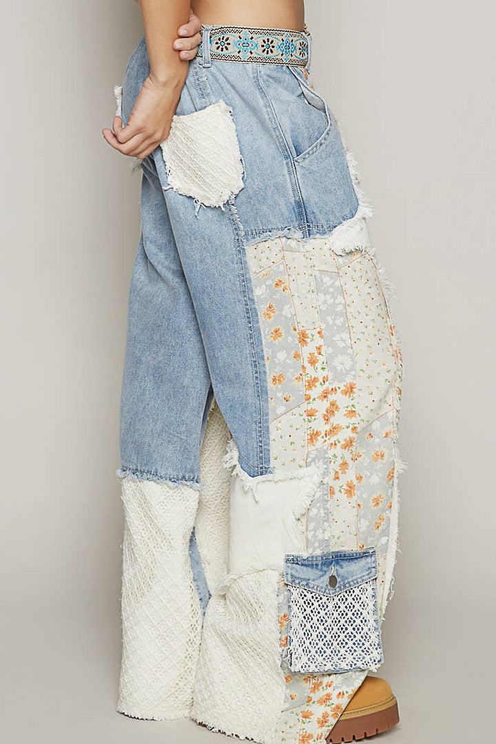 Printed Patchwork Detail Woven Denim Twill Pants