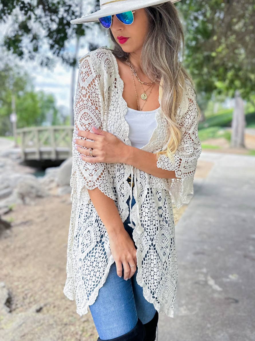 Boho open front high-low crochet cardigan perfect for coastal layering and beach days