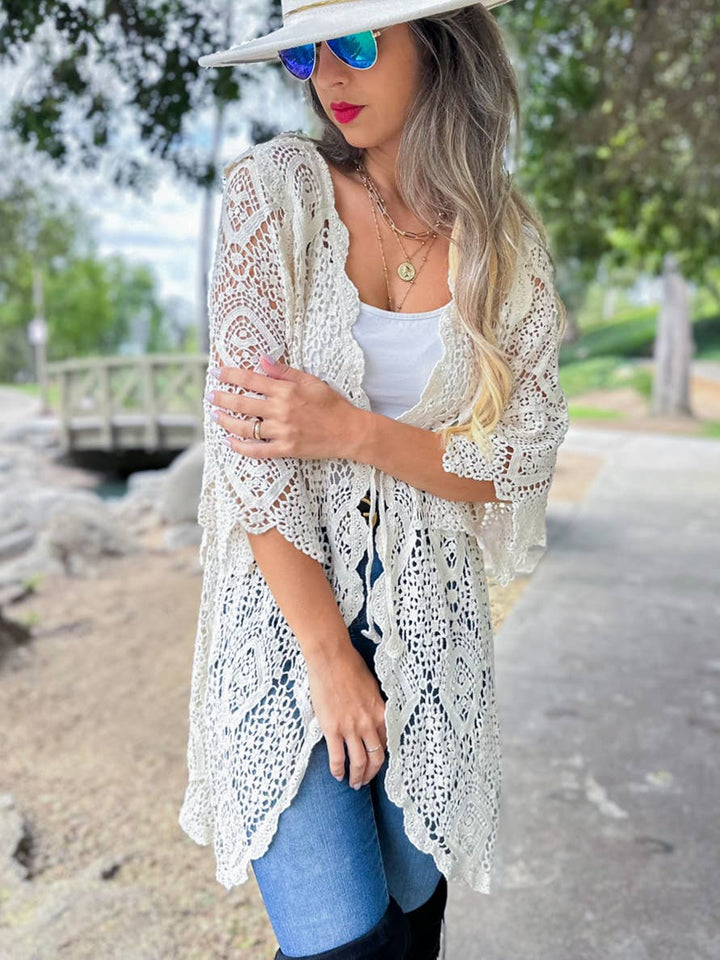 Boho open front high-low crochet cardigan perfect for coastal layering and beach days
