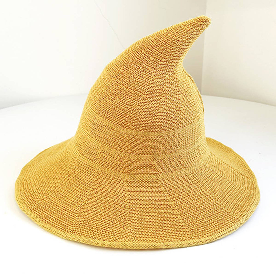 Foldable Knit Witch Hat in whimsical boho style perfect for Halloween and coastal mystics