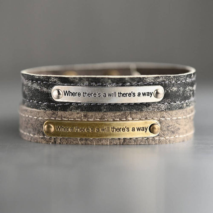 Black leather stacker cuff with brass plaque engraved Where Theres a Will Theres a Way