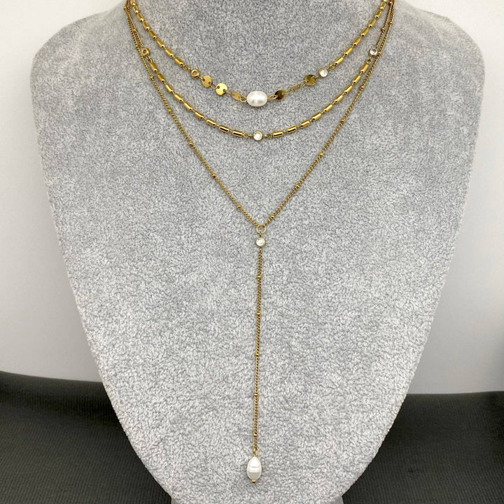 Freshwater Pearl 18K Golden SS 3 Layer Y-neck Necklace handcrafted coastal boho style