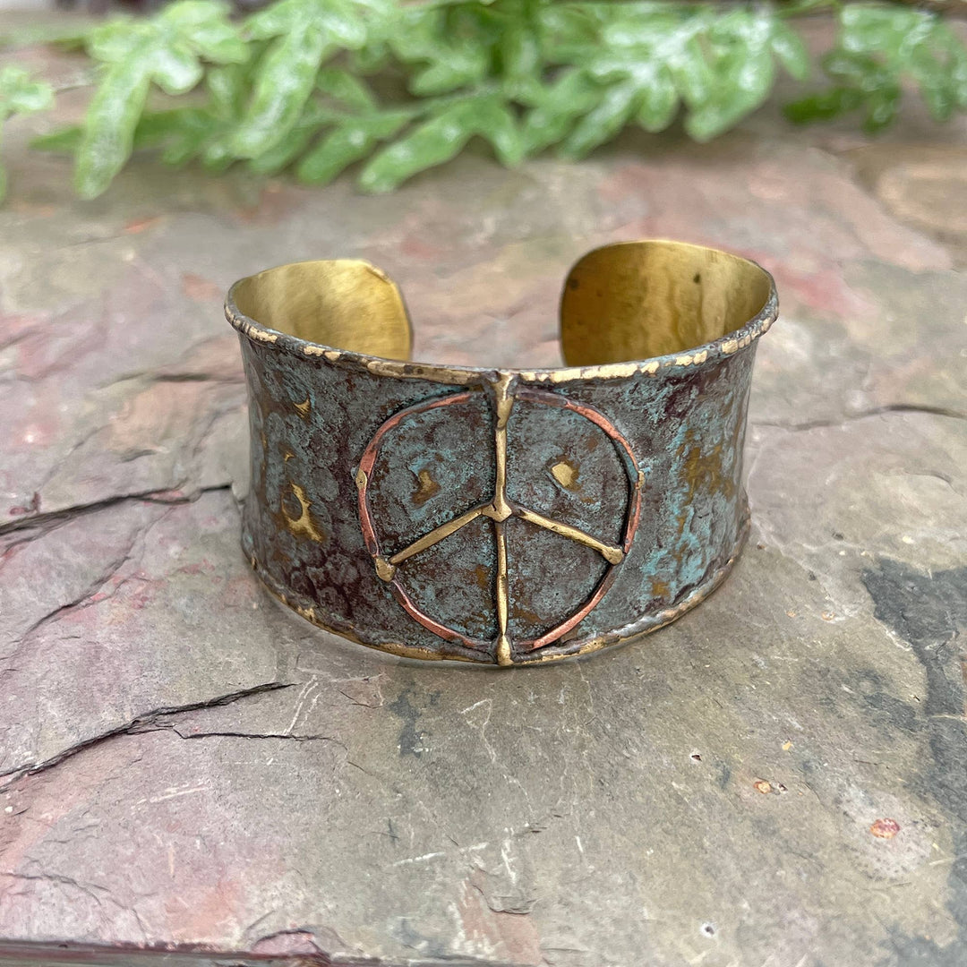 Brass Patina Cuff Bracelet with rustic blue peace sign boho coastal jewelry