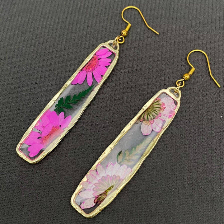 Pressed dried flower long rectangular earrings handcrafted with natural botanical charm