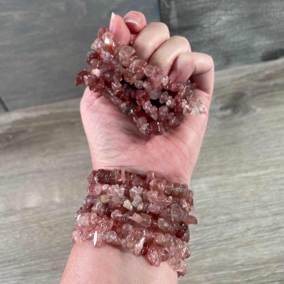 Healing Crystal Chip Bracelets with amethyst and rose quartz for coastal boho style