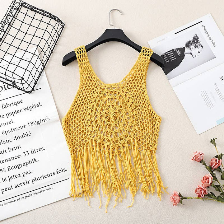 Boho Crochet Knit Fringe Tank Top Cover Up
