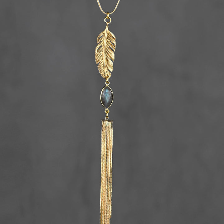 Handcrafted labradorite feather gemstone and gold tassel adjustable necklace boho coastal style