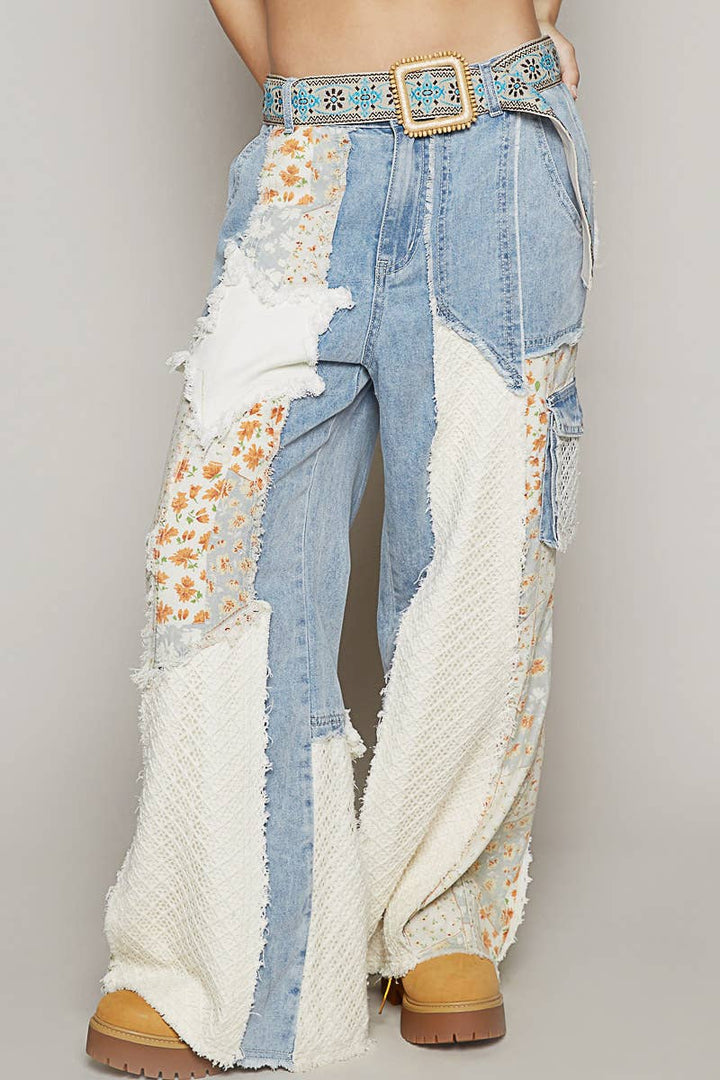 Printed Patchwork Detail Woven Denim Twill Pants