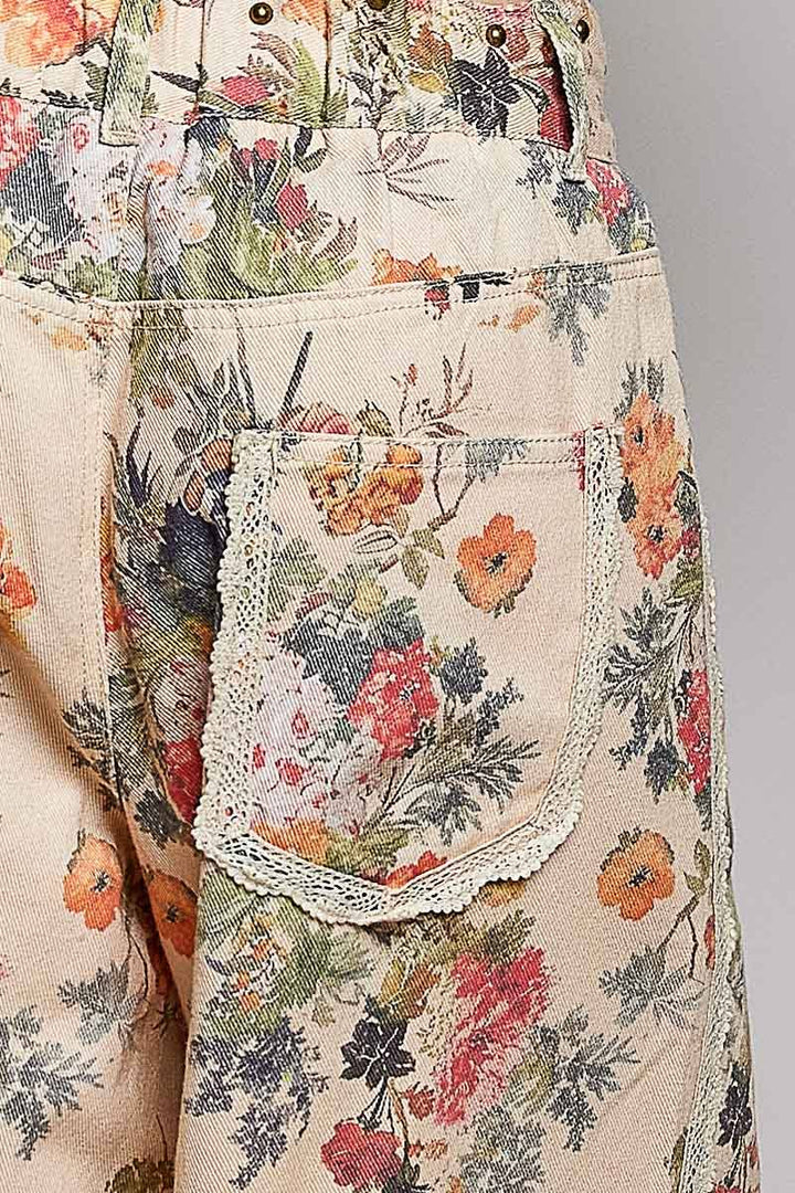 Floral Vintage Washed Raw Edge Elastic Waist Pants
