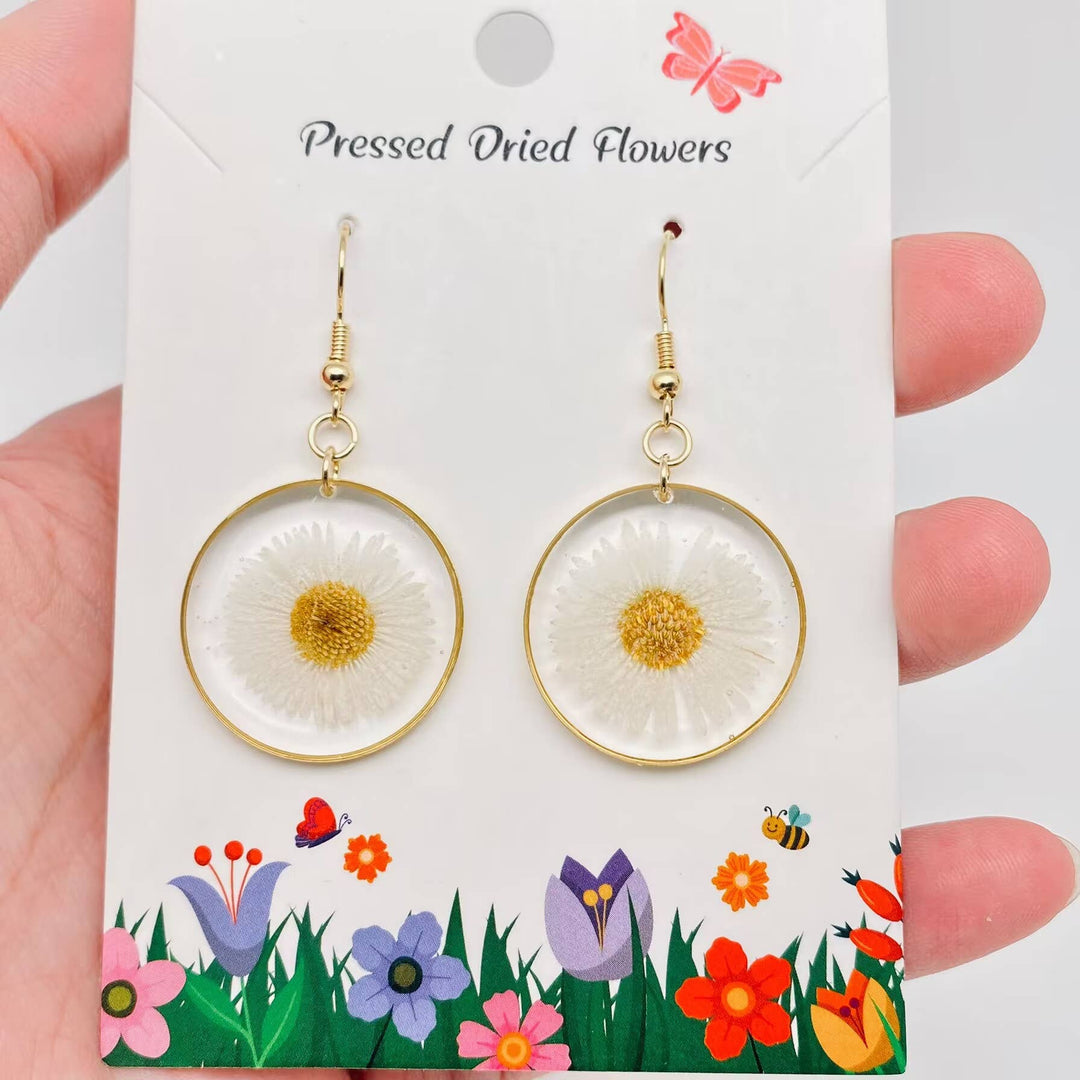 Leucanthemum Paludosum dried flower circular earrings handcrafted for a boho coastal soul