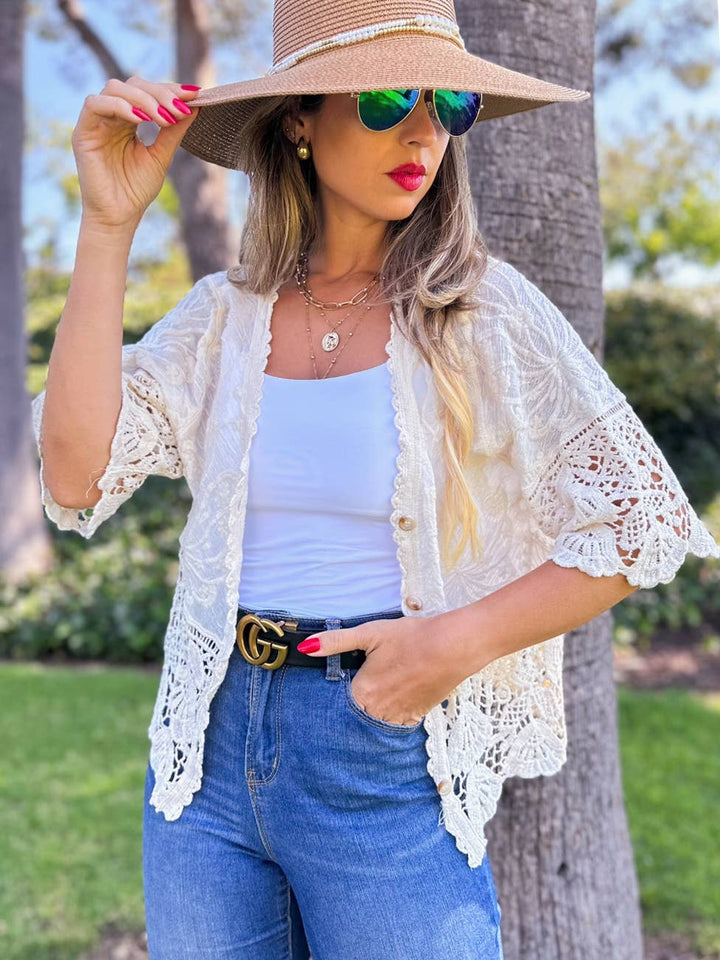 Boho Floral Lace Short Sleeve Crochet Button Cardigan
