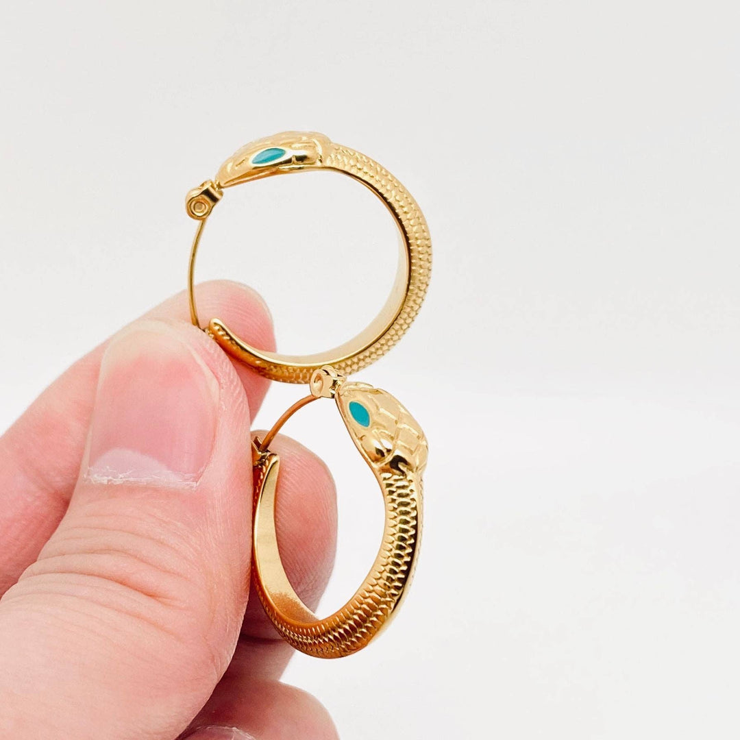 Enamel green eyes snake 18K gold plated hoop earrings with boho coastal spirit
