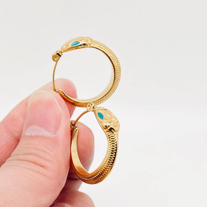 Enamel green eyes snake 18K gold plated hoop earrings with boho coastal spirit