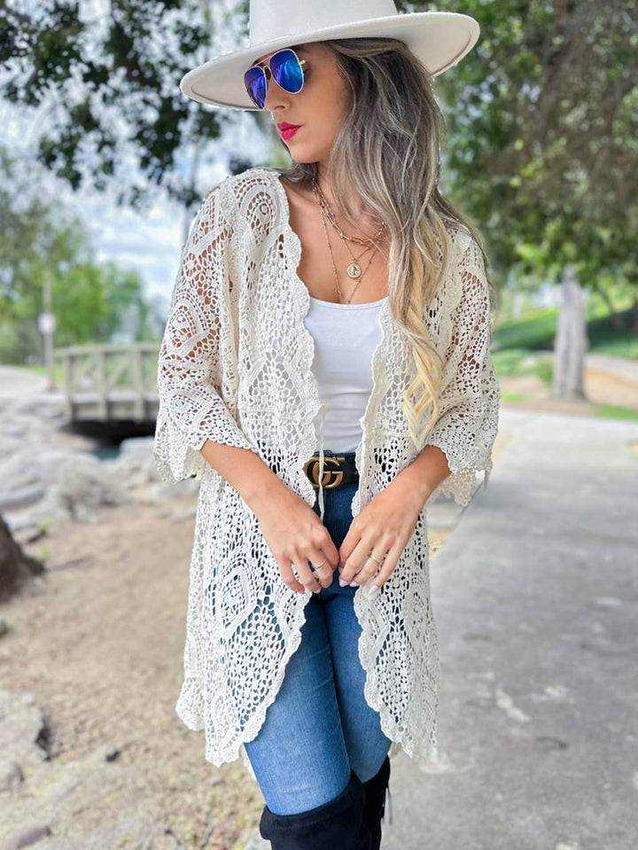 Boho open front high-low crochet cardigan perfect for breezy coastal summer layering