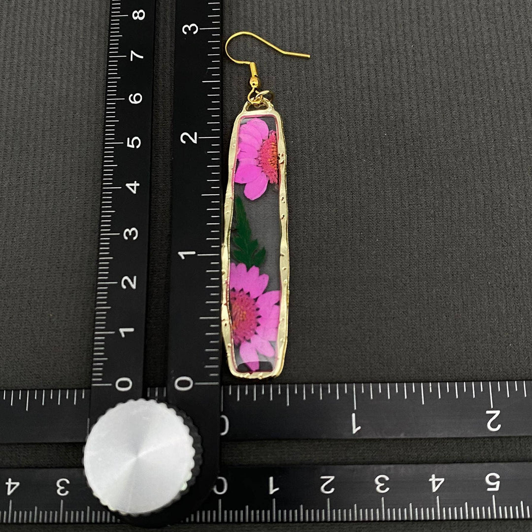 Pressed dried flower long rectangular earrings handcrafted for a coastal bohemian spirit