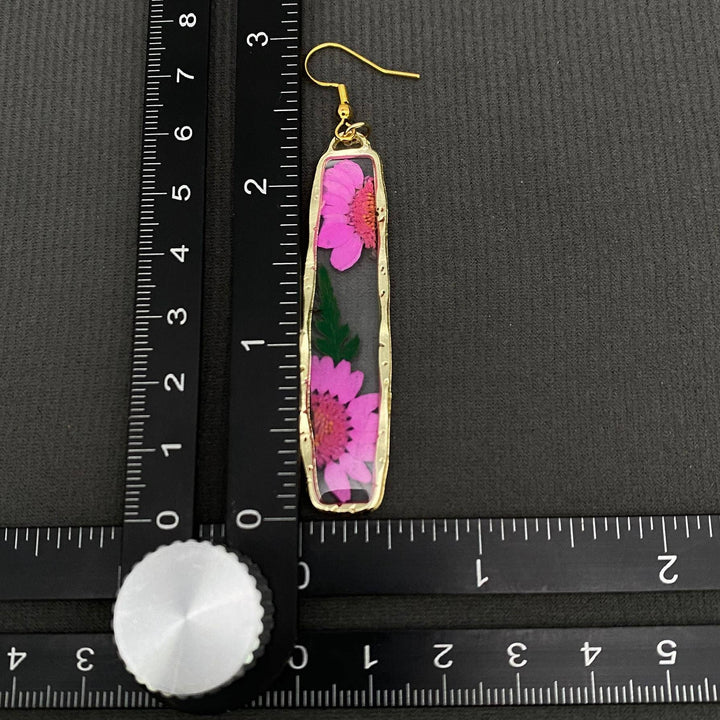 Pressed dried flower long rectangular earrings handcrafted for a coastal bohemian spirit