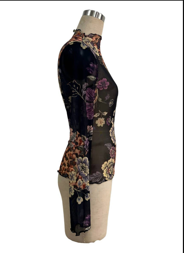 Vintage Floral Print Mesh Long Sleeve Slim Fit Top