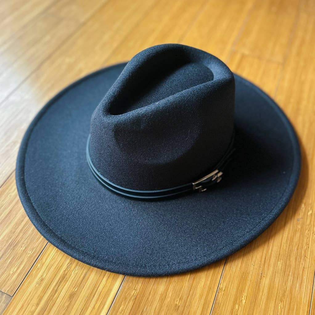Black Fedora with Faux Leather Double Buckle Trim for coastal boho style