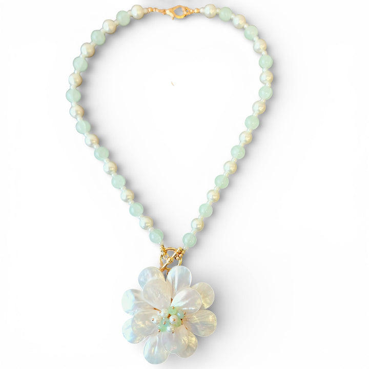 Handmade Mother of Pearl Flower Necklace with coastal boho spiritual energy