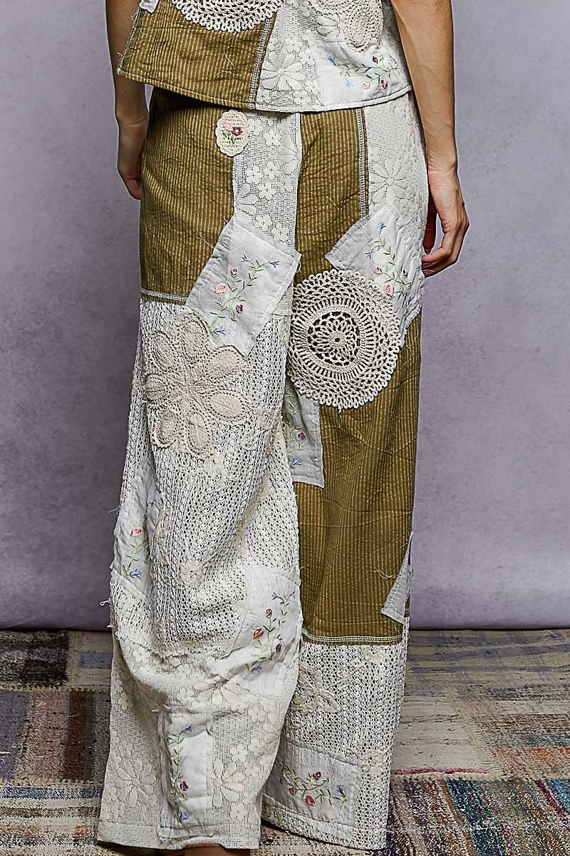 Lace Patch Detail Woven Pants with relaxed boho fit for coastal everyday wear