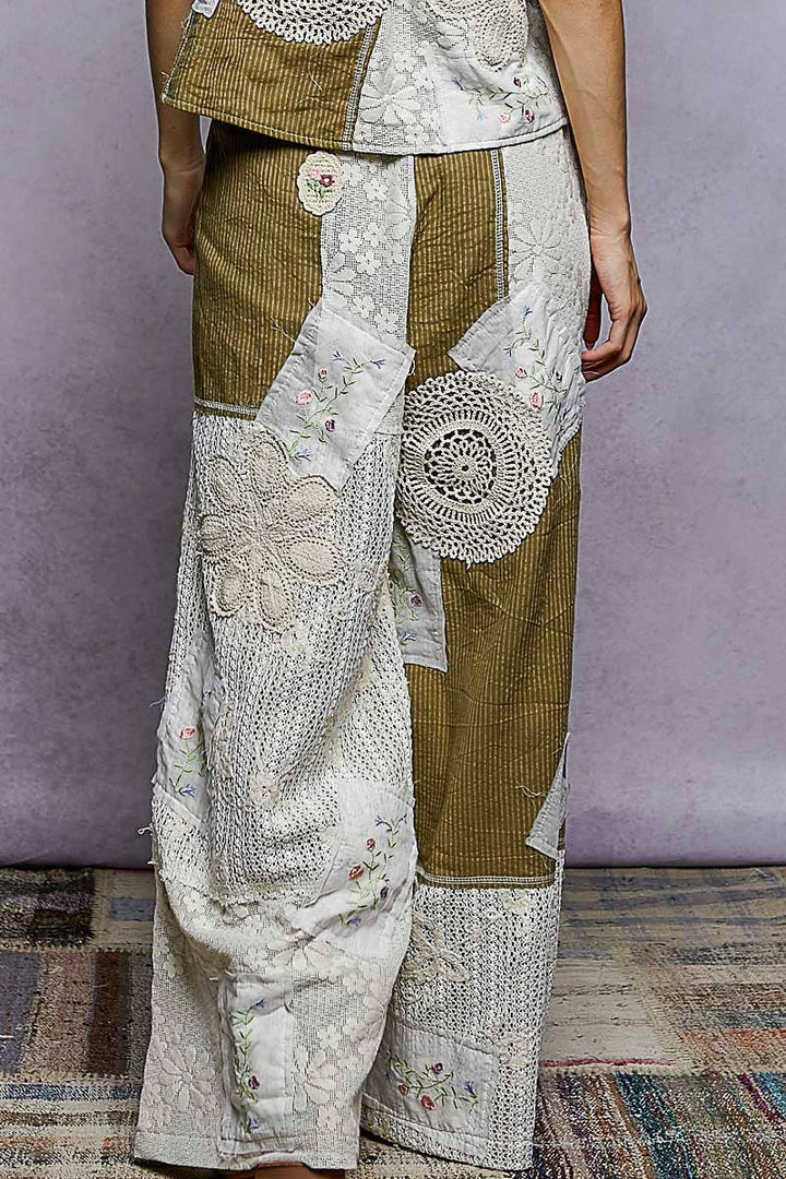 Lace Patch Detail Woven Pants with relaxed boho fit for coastal everyday wear
