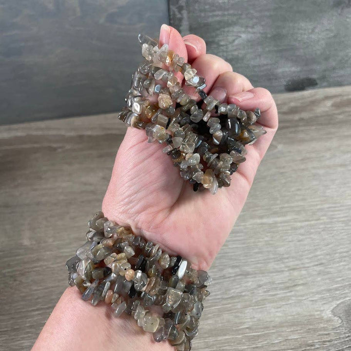 Healing Crystal Chip Bracelets with amethyst and rose quartz boho coastal style