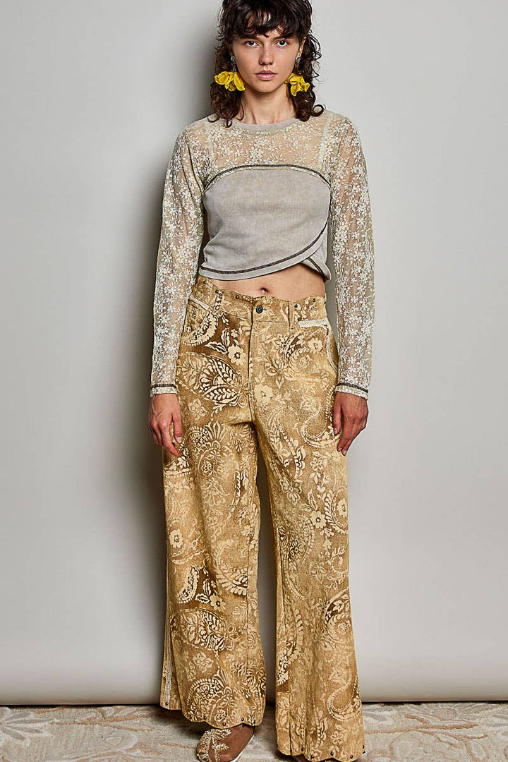 Floral Vintage Washed Raw Edge Elastic Waist Pants