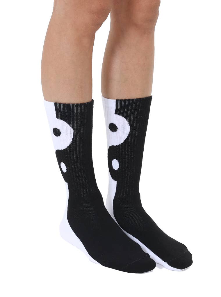 Black and white yin yang crew socks with ribbed tubing from Anchored Soul