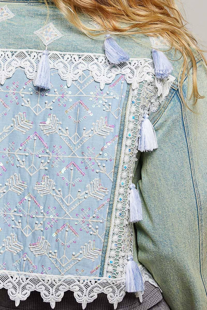 Vintage Washed Metal Button Down Embroidered Denim Jacket