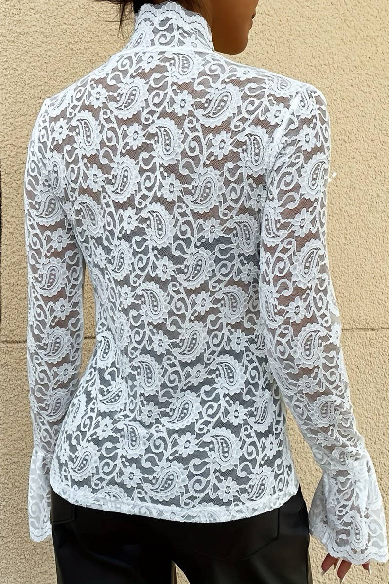 Half Turtleneck Lace Trumpet Sleeve Top with flowy boho coastal romantic style