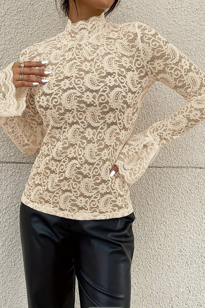 Boho Half Turtleneck Lace Trumpet Sleeve Top with flowy romantic coastal style