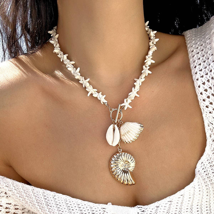 Bohemian Starfish Seashell Pendant Necklace with coastal hippie charm and ocean-inspired style