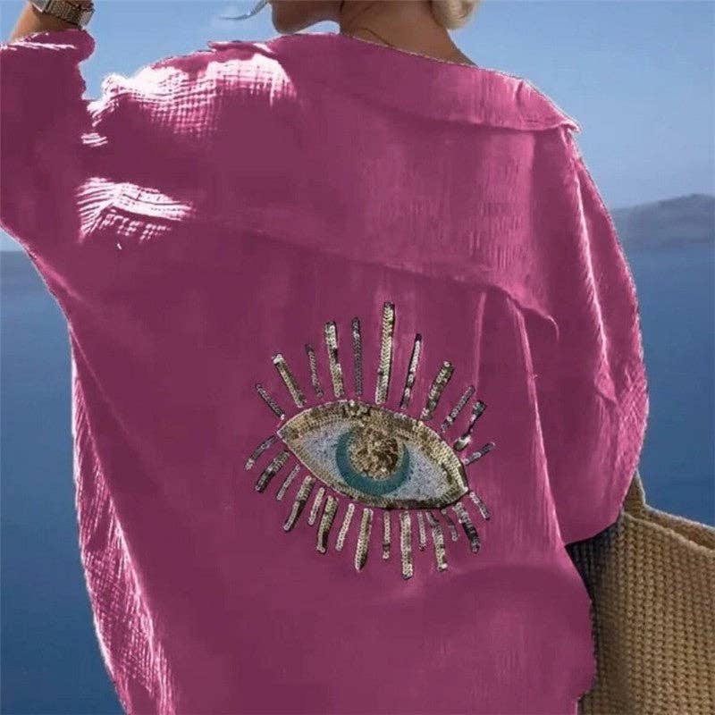 Evil Eye Solid Color Collar Long Sleeve Blouse for coastal boho spirits
