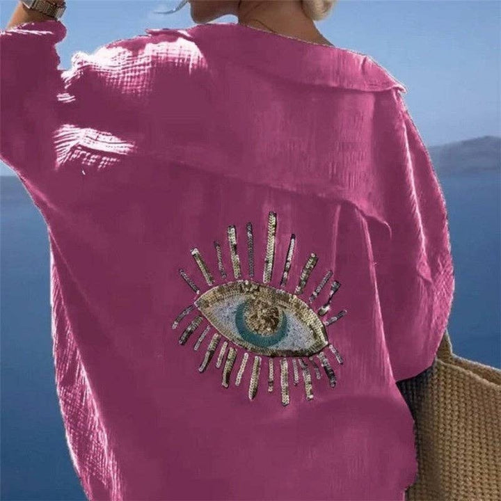 Evil Eye Solid Color Collar Long Sleeve Blouse for coastal boho spirits