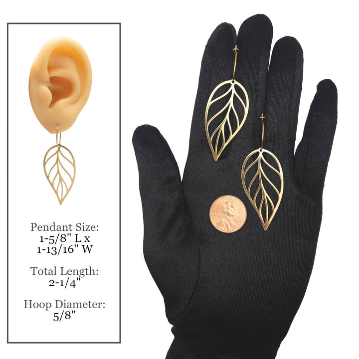 Gold leaf drop earrings with hoop design featuring warm PVD plating for coastal style
