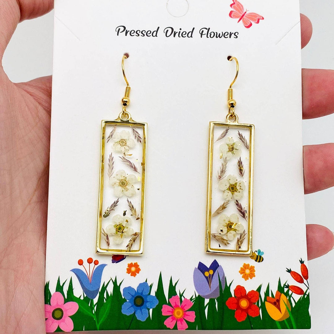 Daffodil genuine pressed dried flower cuboid earrings handcrafted for coastal bohemian style