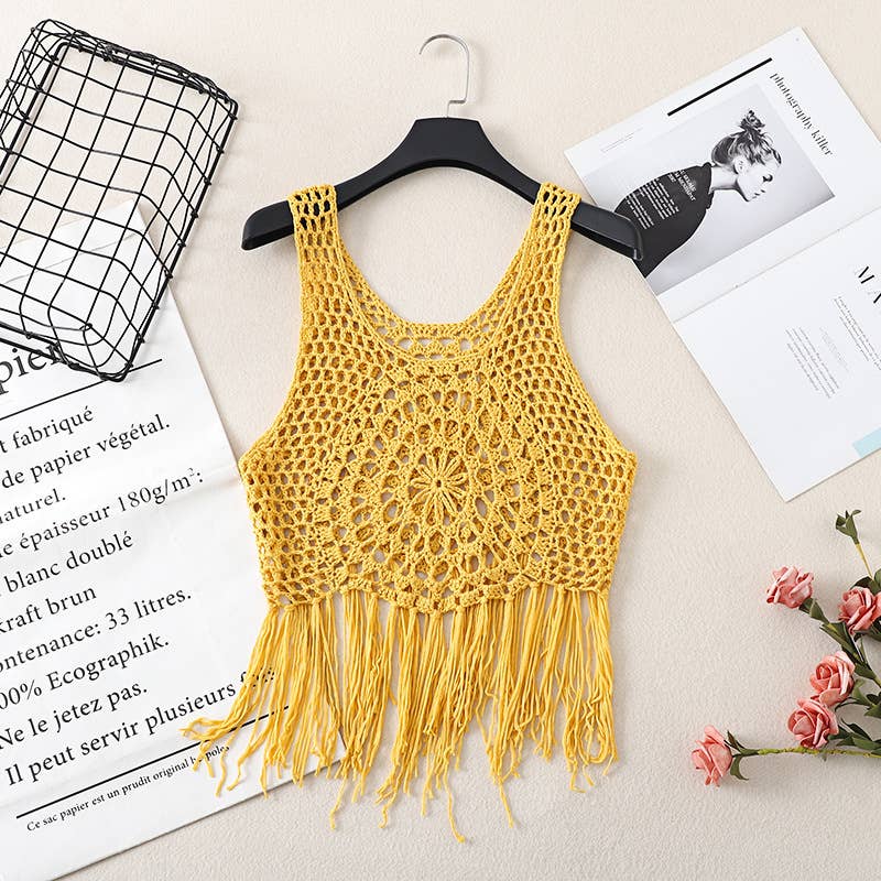 Boho Crochet Knit Fringe Tank Top Cover Up
